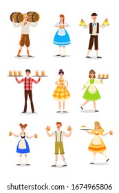 Waiters in german uniform serving fresh beer drink vector illustration