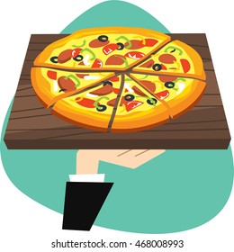 Waiter's hand brings sliced pizza on wooden tray. Pizza with cheese, bacon, green and yellow pepper, black olive, tomatoes and tasty crust. On green background.