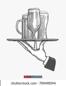 Waiter's hand hold tray with beer glasses. Engraved style hand drawn vector illustration. Template for your design works.