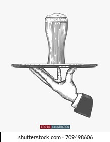 Waiter's hand hold tray with beer glass. Engraved style hand drawn vector illustration. Template for your design works.