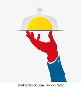Waiter's hand holding a piece of cheese on serving tray.