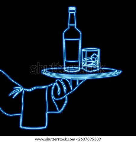Waiters Hand Holding a Tray with a Bottle of Alcohol and a Glass with Ice icon neon glow vector illustration concept