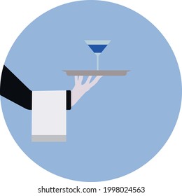 the waiter's hand is holding a tray of cocktail