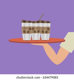 The waiter's hand holding a tray with a cup of coffee. Cartoon