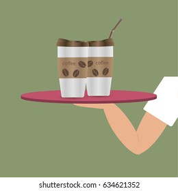 The waiter's hand holding a tray with a cup of coffee. Cartoon