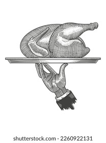 Mano de camarero sosteniendo una bandeja con pollo a la parrilla. Ilustración de grabado vintage para el diseño de menú restaurante o cafetería.