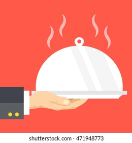 Waiter's hand holds restaurant cloche and serving tray. Flat design vector illustration