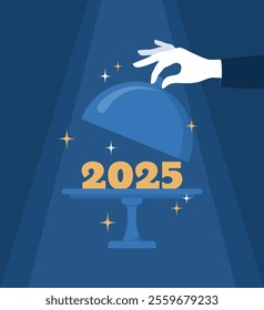 Waiter's hand opening the cloche lid, revealing the golden number 2025, spotlights shining from above on a blue background. Flat vector illustration