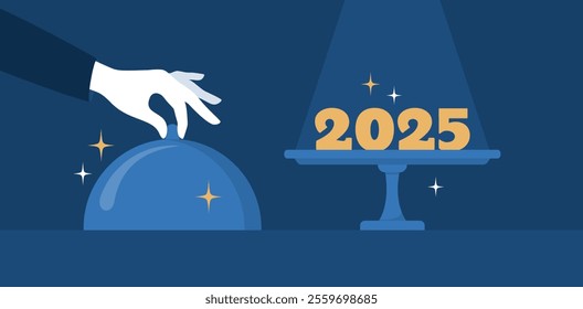 Waiter's hand opening the cloche lid, revealing the golden number 2025, spotlights shining from above on a blue background. Flat vector illustration