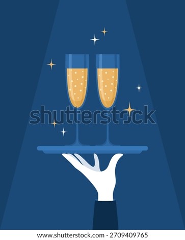 Waiter's hand in white glove holding a tray with two glasses of sparkling wine. Flat vector illustration