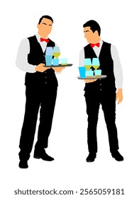 Waiters holding tray with order drinks for guests vector illustration. Servant in restaurant taking orders. Worker in pub serve food and drinks for client. Barman welcomes guest Cocktails and beverage