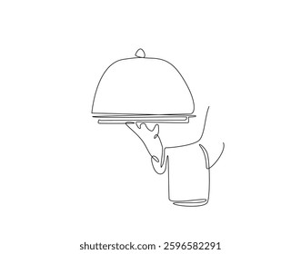 waiters man hand holding tray in simple line art illustration. Continuous one line draw of hand holds tray.