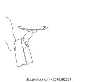 waiters man hand holding tray in simple line art illustration. Continuous one line draw of hand holds tray.