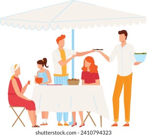 Waiters serving food to women and child at outdoor cafe. Family enjoying meal under umbrella. Dining outdoors and summer restaurant concept vector illustration.