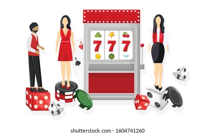 Waiters serving people in the casino. Triple seven jackpot on slot machine. Playing roulette, dices and chips. Vectors