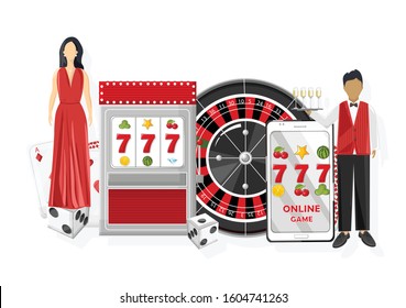Waiters serving people in the casino. Triple seven jackpot on slot machine and mobile phone. Playing roulette, dices and chips. Vectors