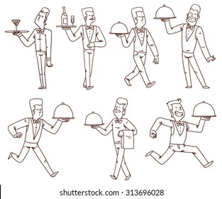 Waiters set, line art, vector