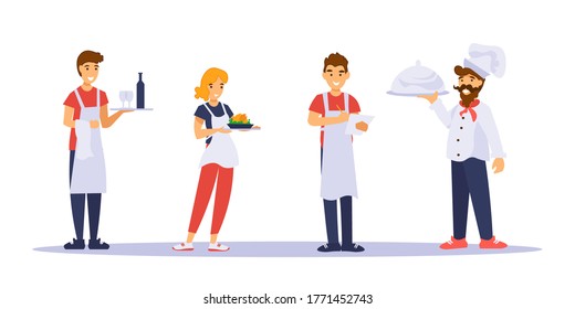 Waiters, waitress and shef cook standing with trays and greet guests of a cafe. Restaurant team characters in uniform of red, white and blue. Vector illustratioin in cartoon style isolated on white.