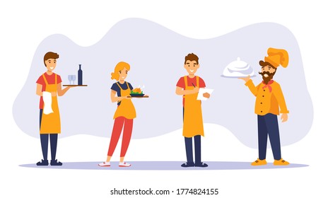 Waiters, waitress and shef cook standing with trays and greet guests of a cafe. Restaurant team characters in orange uniform on gray background. Flat vector illustratioin in cartoon style.