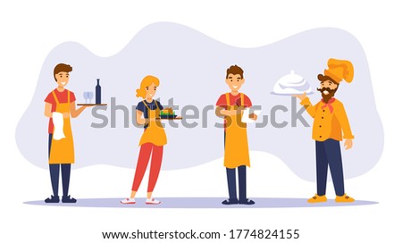 Waiters, waitress and shef cook standing with trays and greet guests of a cafe. Restaurant team characters in orange uniform on gray background. Flat vector illustratioin in cartoon style.