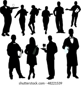 waiters and waitresses silhouette collection - vector