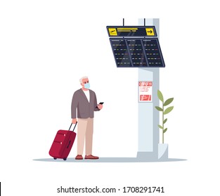 Waiting Airline Lounge Semi Flat RGB Color Vector Illustration. Senior Man With Medical Mask. Timetable Info In Lobby. Airport Passenger Isolated Cartoon Character On White Background