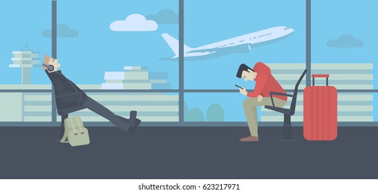 Waiting at the airport. Men with luggage sitting next to a window, terminal building and flying plane in the background. Colorful vector illustration.