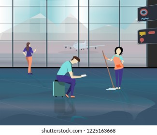 Waiting at the airport. Vector illustration in cartoon style