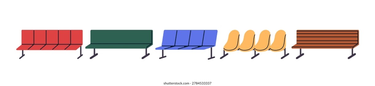 Waiting area benches and seat rows with connected chairs, set. Furniture for public halls, airport, hospital, stadium, stations and parks. Flat vector illustration isolated on white background