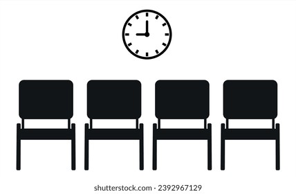 Waiting area icon with clock symbol. Empty waiting room vector. Icon set with armchair. Waiting room vector line icon, outline concept, linear sign. Vector illustration
