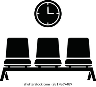 Waiting area icon featuring a row of three chairs and a wall clock, representing a waiting room, lobby, or terminal. Simple flat vector illustration.
