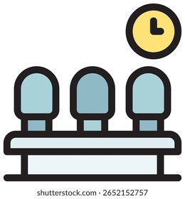 Ícone da área de espera com três assentos e um relógio, design minimalista