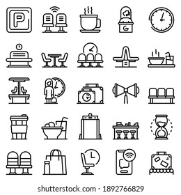 Waiting area icons set. Outline set of waiting area vector icons for web design isolated on white background