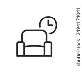 Waiting area, linear style icon. Chair with a clock, indicating a waiting area. Editable stroke width.