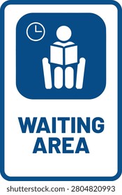 Waiting area sign vector illustration, blue and white lounge pictogram banner with person reading book and clock icon