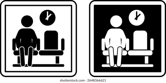 Waiting Area Signs. Black And White Vector Illustrations. Waiting Area For Doctor's Appointment. Man Sits And Waits For His Time. Hospital Department Sign