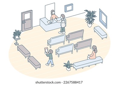 Waiting areas in hospitals, stores, and city halls.
Various people come and go.