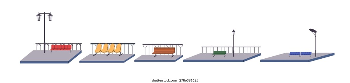 Waiting areas with seat rows on platform at train station, bus stop. Public transport spaces with empty benches, street lamps. Flat vector illustration isolated on white background