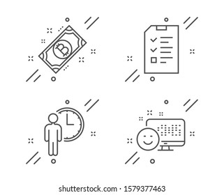 Waiting, Bitcoin and Interview line icons set. Smile sign. Service time, Cryptocurrency coin, Checklist file. Positive feedback. Technology set. Line waiting outline icon. Vector