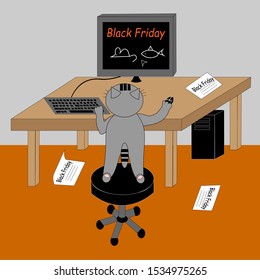 Waiting for Black Friday. Cat at the computer hesitates what to buy a mouse or a fish. 