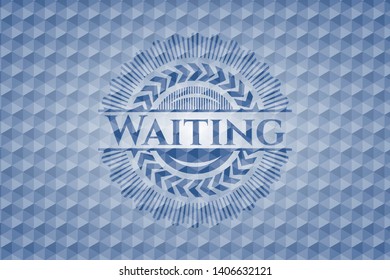 Waiting blue emblem with geometric pattern background. Vector Illustration. Detailed.