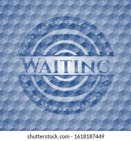 Waiting blue emblem with geometric pattern background. Vector Illustration. Detailed.