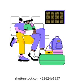 Waiting for boarding isolated cartoon vector illustrations. Happy couple looking at tablet, boarding waiting at the airport, before the vacation, expected departure time vector cartoon.