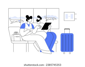 Waiting for boarding isolated cartoon vector illustrations. Happy couple looking at tablet, boarding waiting at the airport, before the vacation, expected departure time vector cartoon.