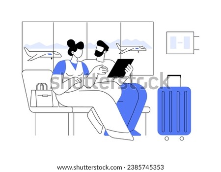 Waiting for boarding isolated cartoon vector illustrations. Happy couple looking at tablet, boarding waiting at the airport, before the vacation, expected departure time vector cartoon.