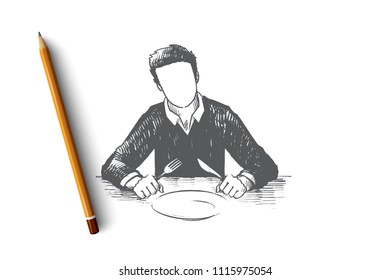 Waiting concept. Hand drawn man holding a spoon and fork with empty white plate in restaurant isolated vector illustration.