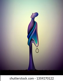 waiting concept, liquid shape of man holding a clock, surrealistic sculpture, vector