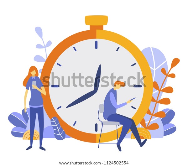 Waiting Concept vector illustration of people\
using smartphones for reading new, texting and tracking networks.\
Flat  design of wifi addiction of young people waiting inline for\
web page, banner