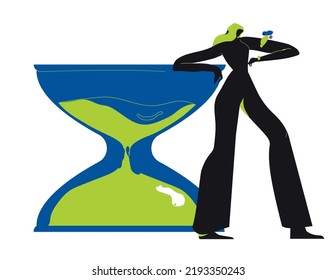 
Waiting concept. Woman is working on ui ux design project. IT world concept. Colored flat textured vector illustration isolated on white background .