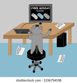 Waiting for Cyber Monday. Cat at the computer hesitates what computer mouse to bye.